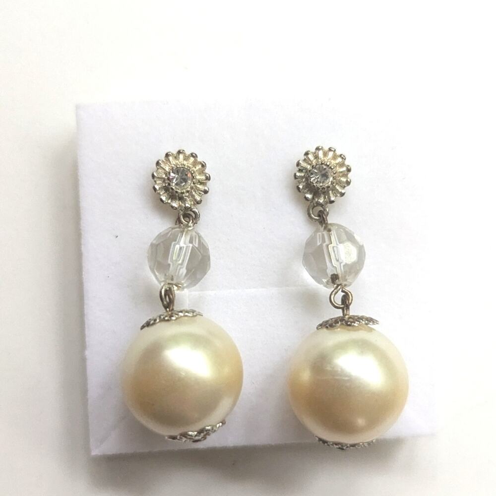 Stunning Silver Tone Floral Rhinestone Large Faux Pearl Dangle Post Earrings